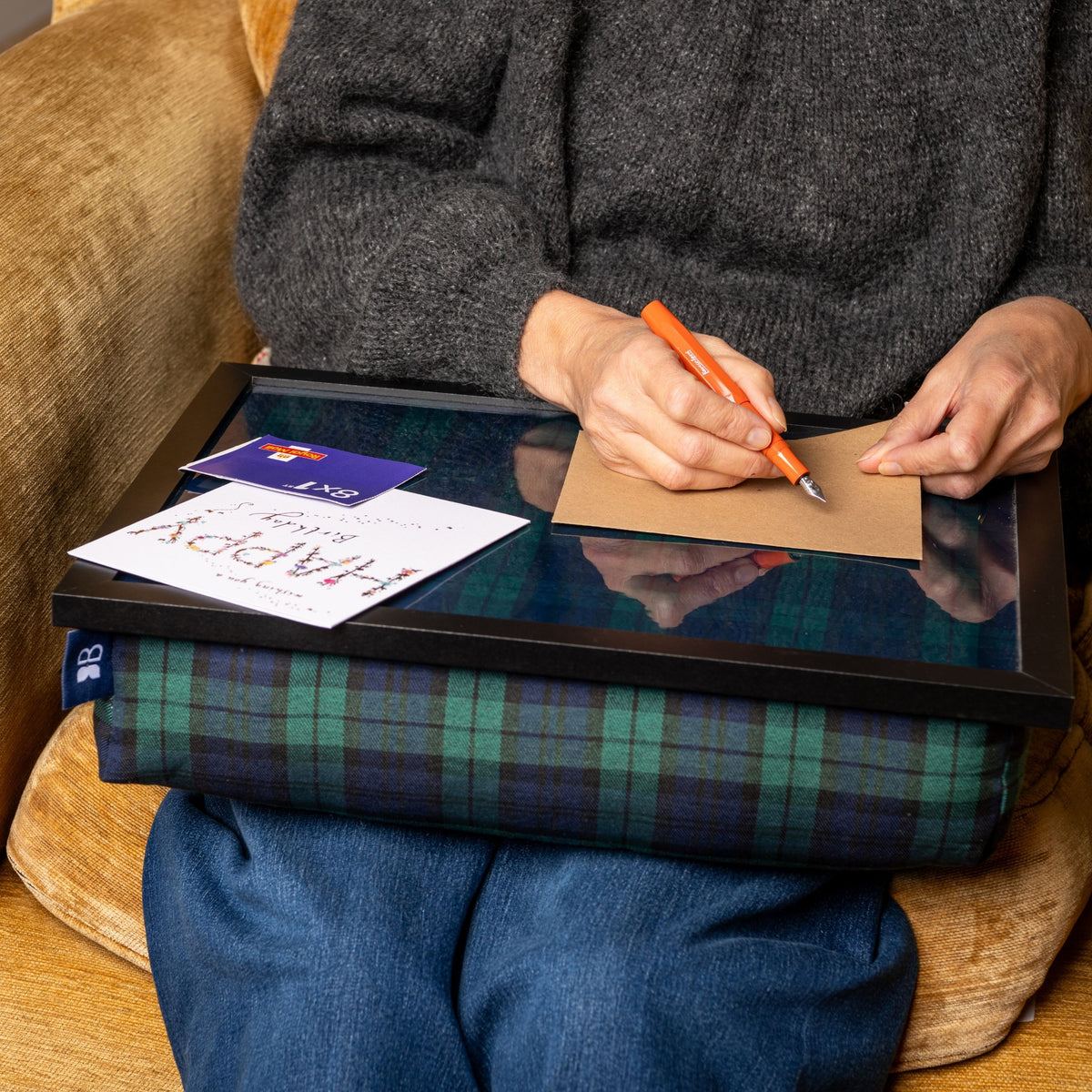 Bean Bag Cushioned Wooden Frame Lap Tray in Blackwatch Tartan
