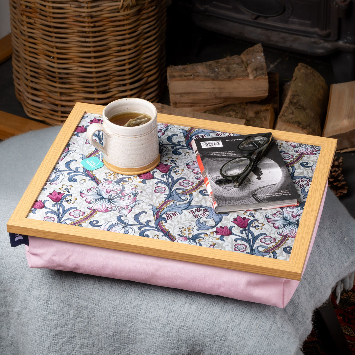 Bean Bag Cushioned Wooden Frame Lap Tray in William Morris Golden Lily Plum