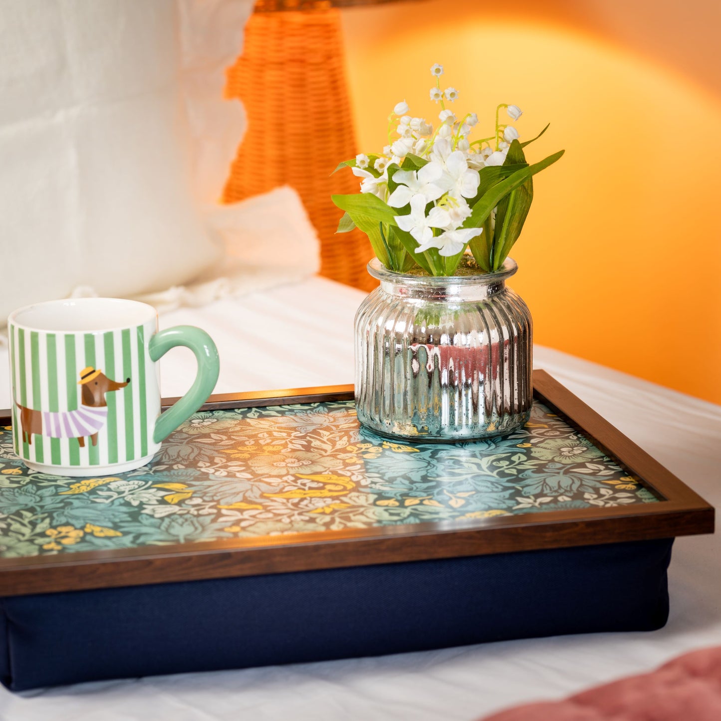 Close-up of William Morris Mallow Teal lap tray showing intricate bird and foliage design