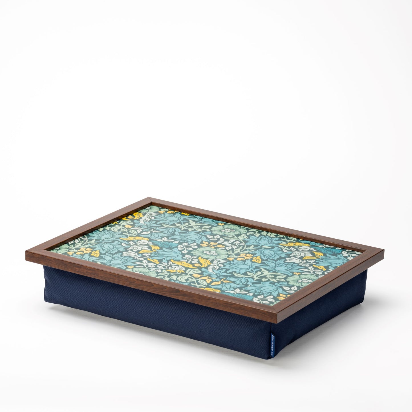 William Morris Mallow Teal bean bag cushioned lap tray with handmade cushion base by Blue Badge Co