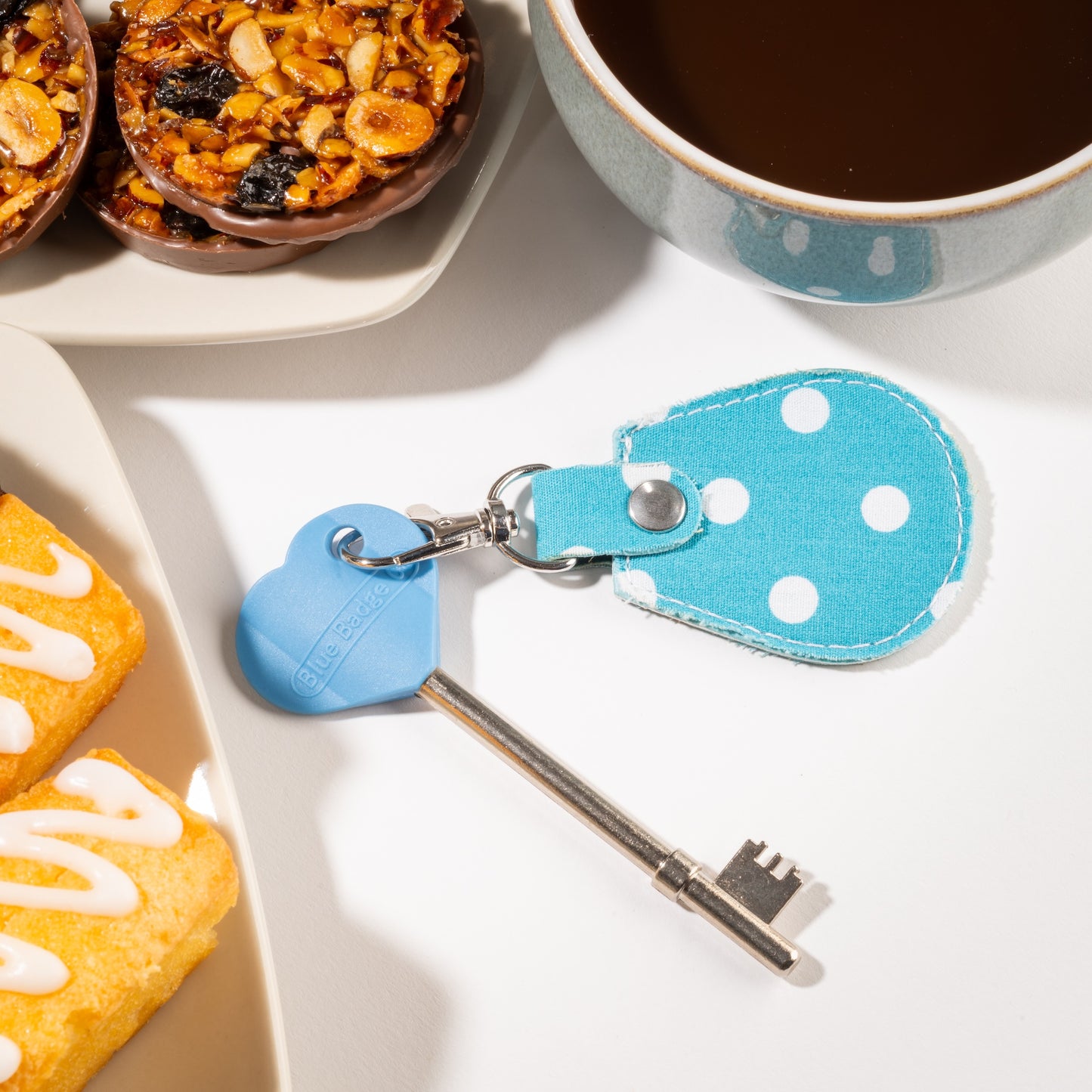 Genuine RADAR Disabled Toilet Key and Fabric Keyring in Spotty Aquamarine - UK Made