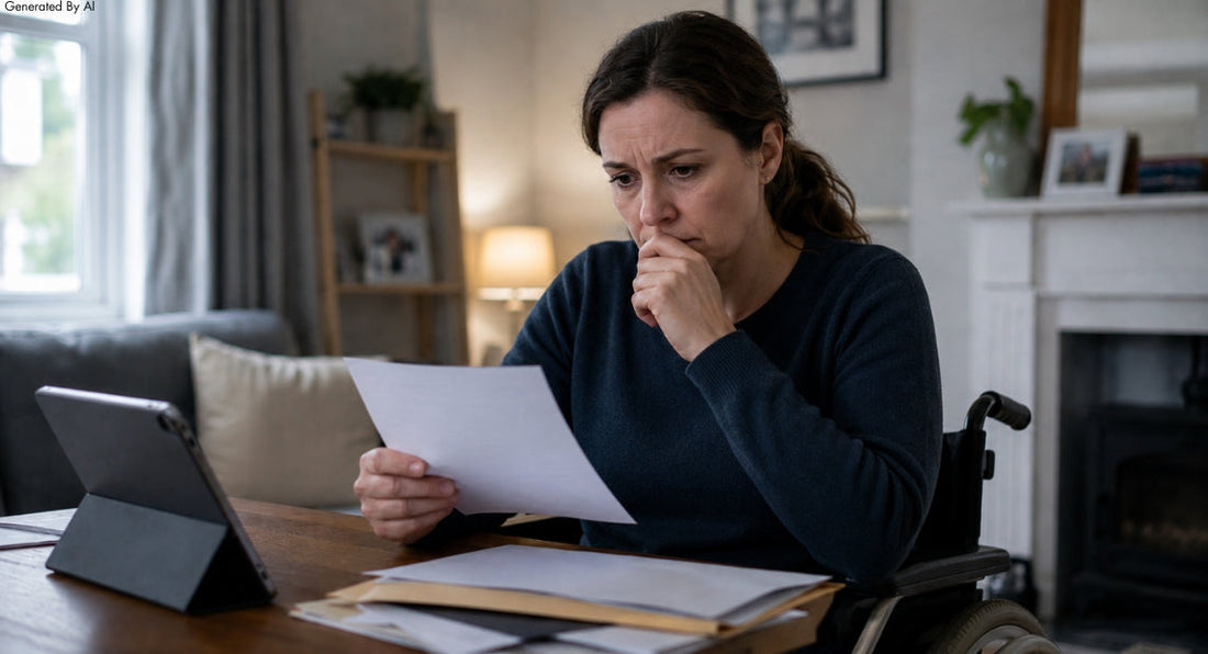 Woman in a wheelchair looking concerned while reviewing paperwork at a table.