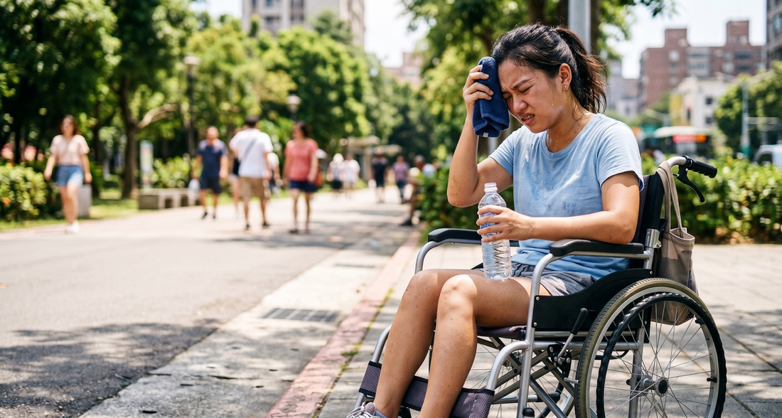 Woman in a wheelchair wiping sweat from her forehead and holding a water bottle.