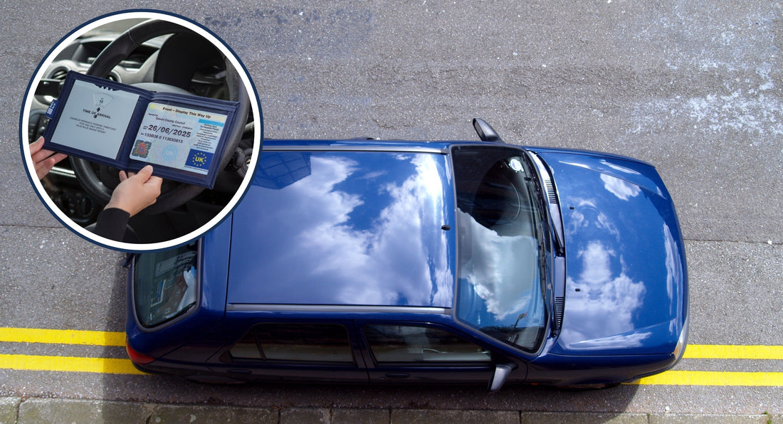 Car on Double yellow line. Blue Badge displayed on car dashboard alongside a parking clock, showing correct display for yellow line parking