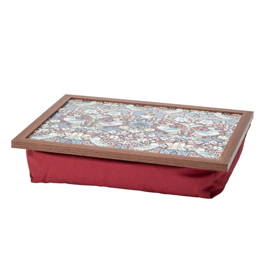 Bean Bag Cushioned Wooden Frame Lap Tray in William Morris Strawberry Theif Plum