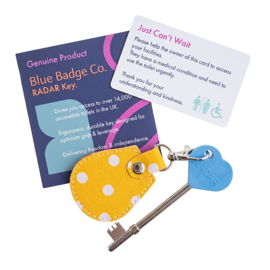Genuine RADAR Disabled Toilet Key and Fabric Keyring in Spotty Canary Yellow - UK Made