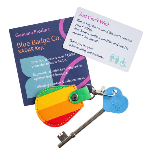 Genuine RADAR Disabled Toilet Key and Fabric Keyring in Rainbow Stripe - UK Made