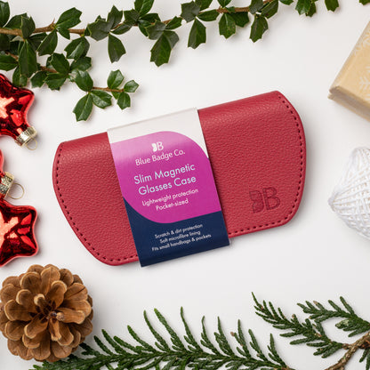 Slim Magnetic Close Glasses Cases Made from Recycled Bottles in Raspberry Red