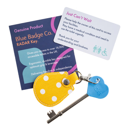 Genuine RADAR Disabled Toilet Key and Fabric Keyring in Spotty Canary Yellow - UK Made