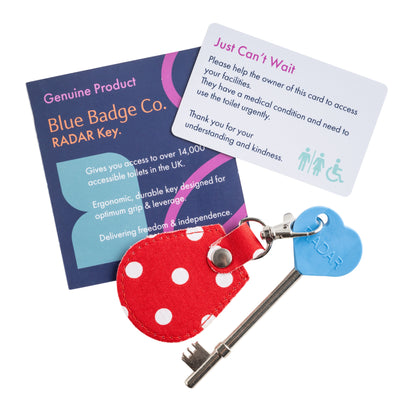 Genuine RADAR Disabled Toilet Key and Fabric Keyring in Spotty Red - UK Made