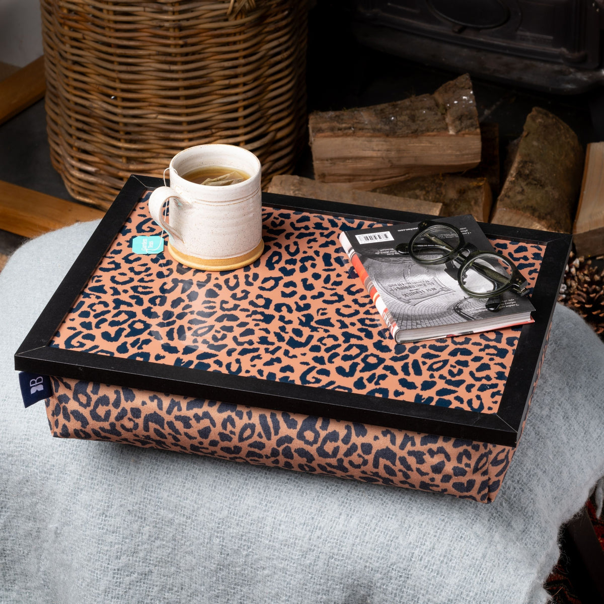Bean Bag Cushioned Wooden Frame Lap Tray in Leopard