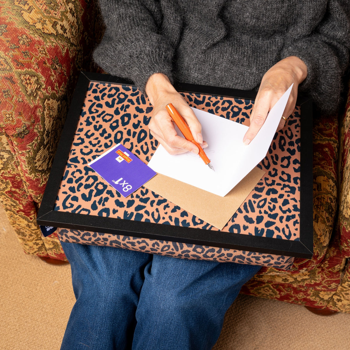 Bean Bag Cushioned Wooden Frame Lap Tray in Leopard