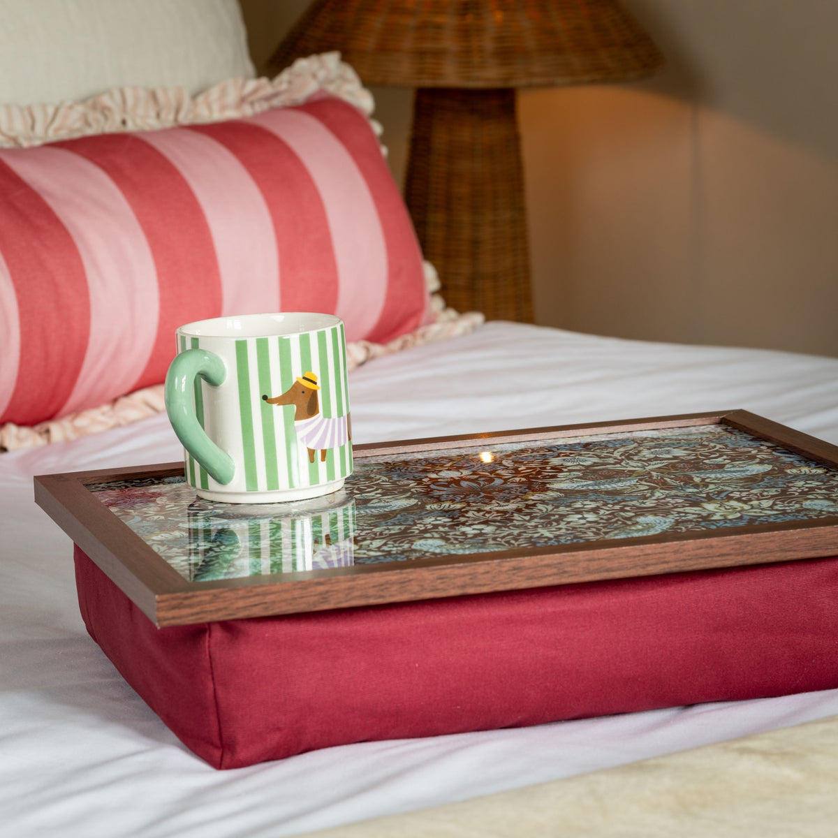 Bean Bag Cushioned Wooden Frame Lap Tray in William Morris Strawberry Thief Plum