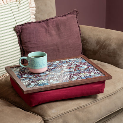 Bean Bag Cushioned Wooden Frame Lap Tray in William Morris Strawberry Thief Plum