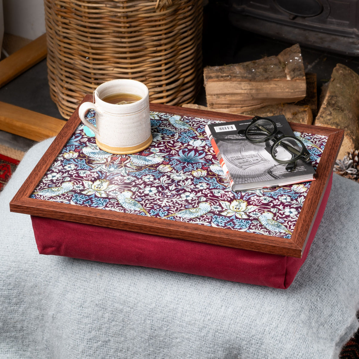 Bean Bag Cushioned Wooden Frame Lap Tray in William Morris Strawberry Thief Plum