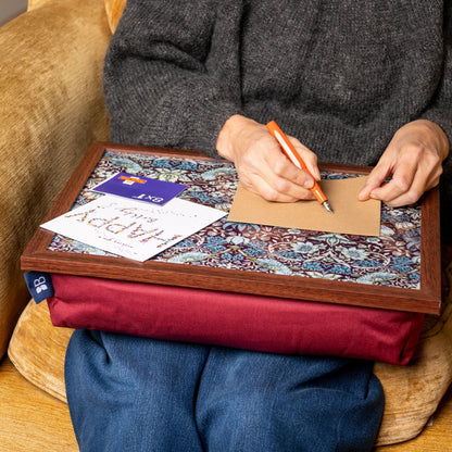 Bean Bag Cushioned Wooden Frame Lap Tray in William Morris Strawberry Thief Plum