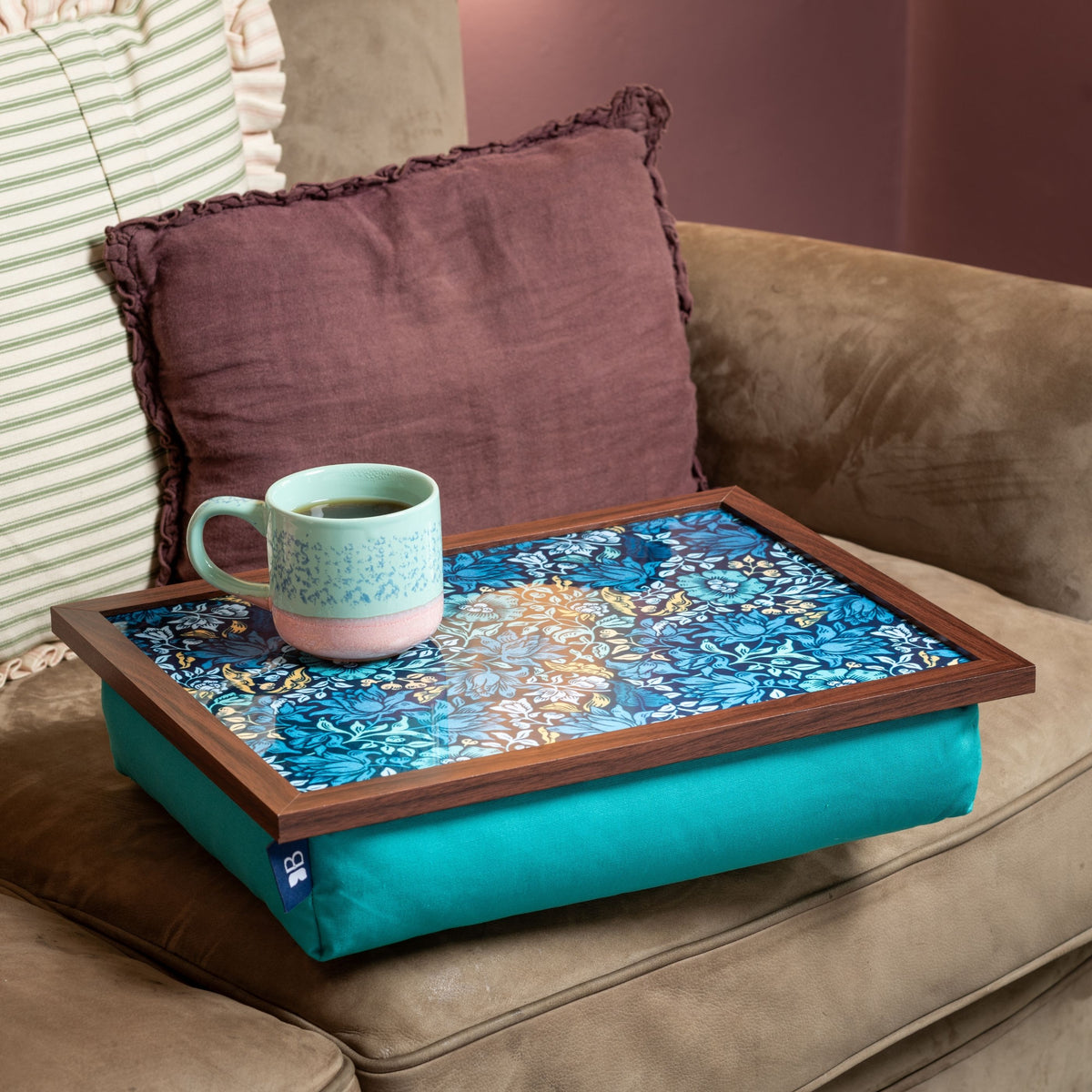 Bean Bag Cushioned Wooden Frame Lap Tray in William Morris Mallow Teal