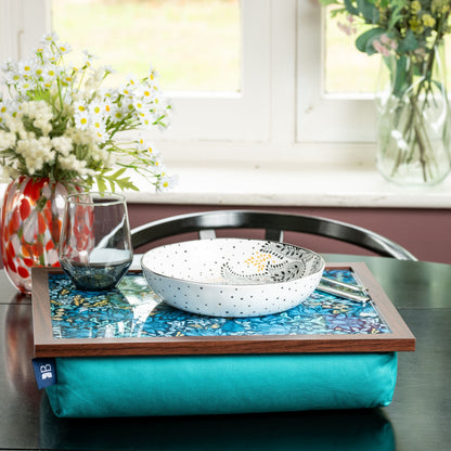 Bean Bag Cushioned Wooden Frame Lap Tray in William Morris Mallow Teal