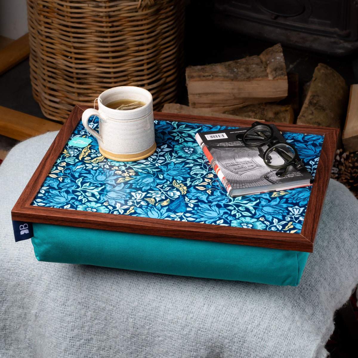 Bean Bag Cushioned Wooden Frame Lap Tray in William Morris Mallow Teal