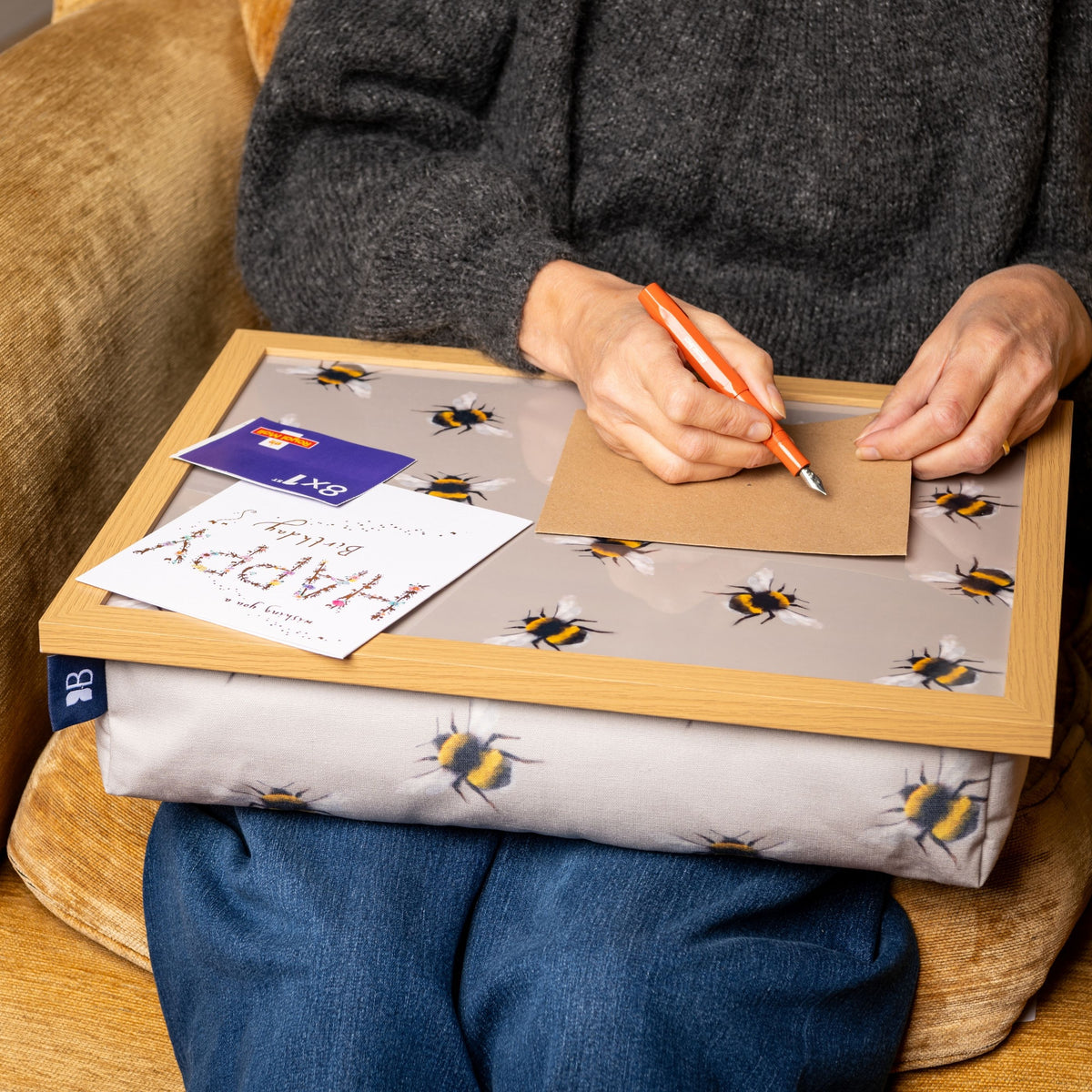 Bean Bag Cushioned Wooden Frame Lap Tray in Busy Bees