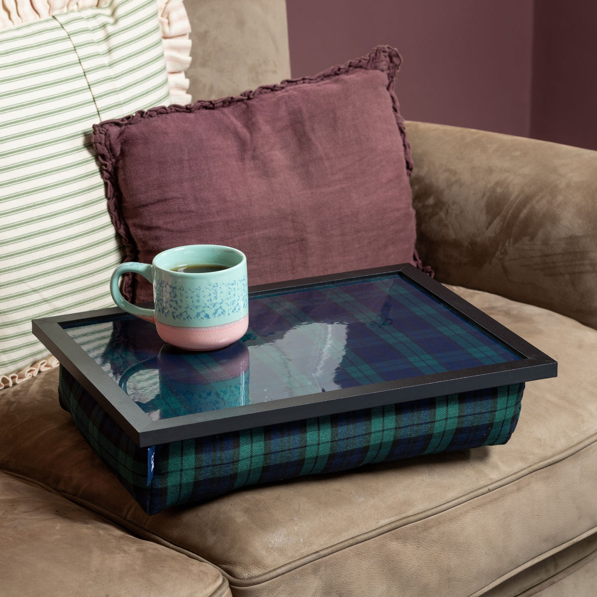 Bean Bag Cushioned Wooden Frame Lap Tray in Blackwatch Tartan