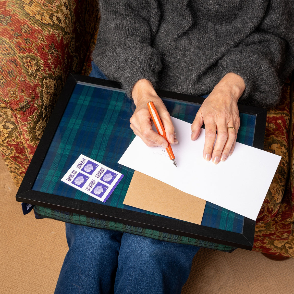 Bean Bag Cushioned Wooden Frame Lap Tray in Blackwatch Tartan