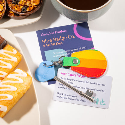Genuine RADAR Disabled Toilet Key and Fabric Keyring in Rainbow Stripe - UK Made