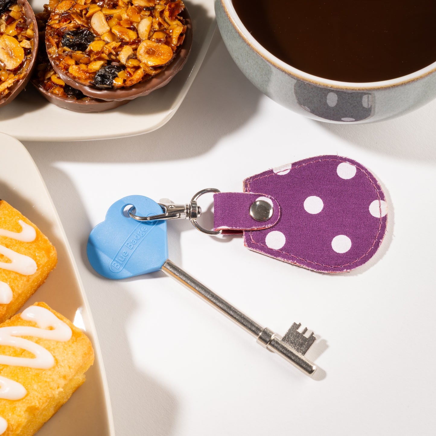 Genuine RADAR Disabled Toilet Key and Fabric Keyring in Spotty Grape - UK Made