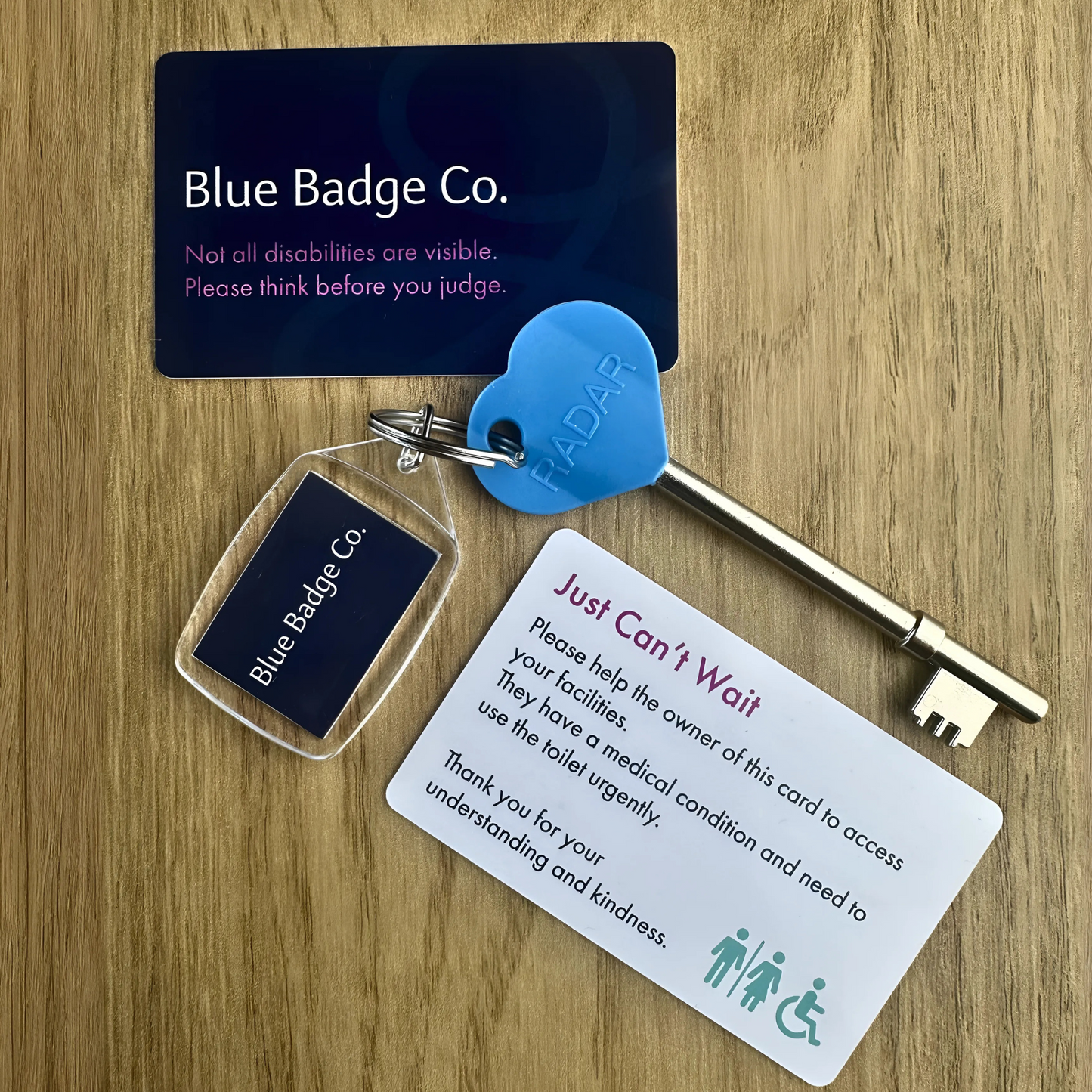 Four Pack - Genuine RADAR Keys with Blue Badge Co Keyring Ultimate Value + "Just Can't Wait" Card