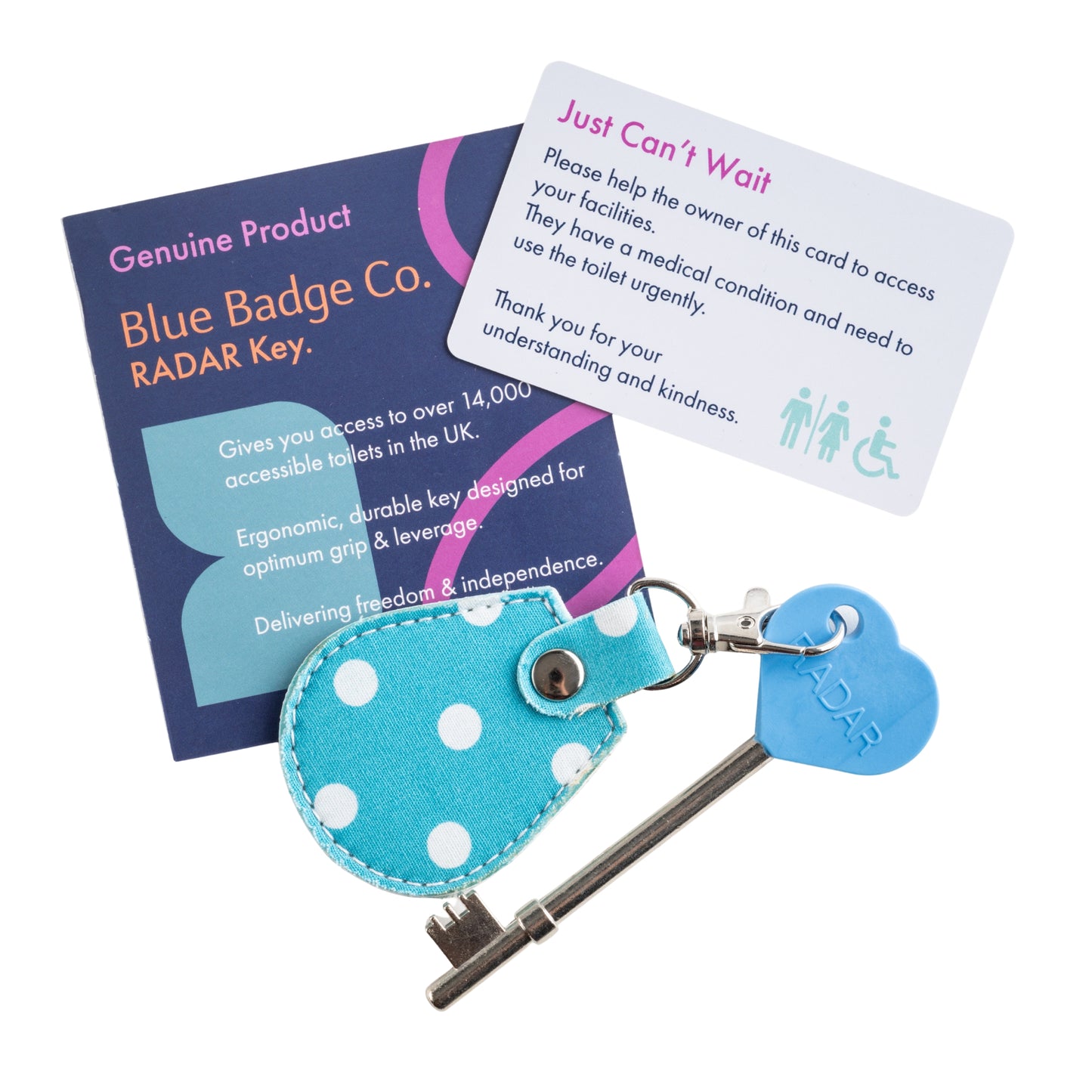 Genuine RADAR Disabled Toilet Key and Fabric Keyring in Spotty Aquamarine - UK Made