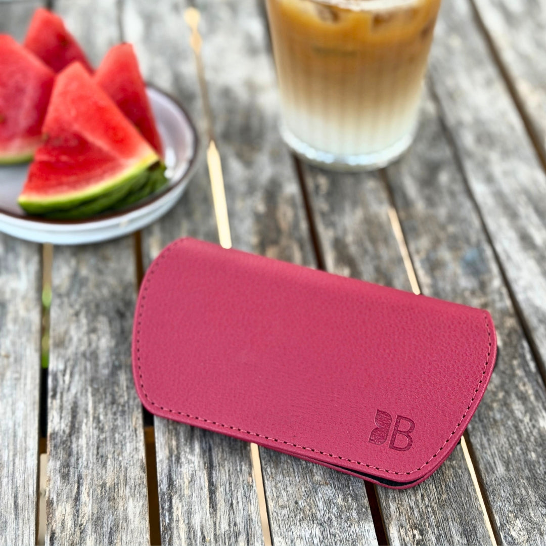 Slim Magnetic Close Glasses Cases Made from Recycled Bottles in Raspberry Red