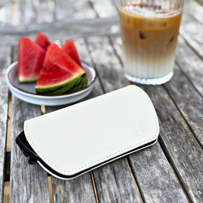 Slim Magnetic Close Glasses Cases Made from Recycled Bottles in Cream