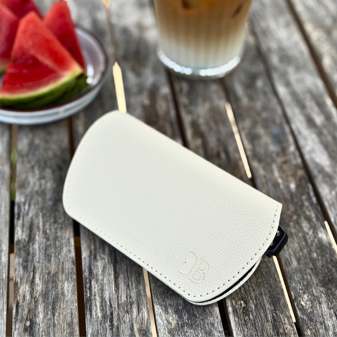 Slim Magnetic Close Glasses Cases Made from Recycled Bottles in Cream
