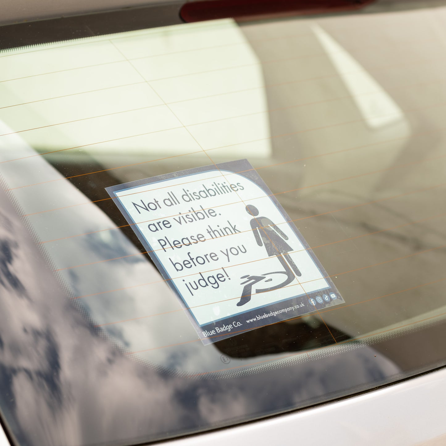 Twin-Pack Disabled Car Window Sticker Square, “Not all disabilities are visible. Please think before you judge!” Disability Parking Awareness Vinyl Decals