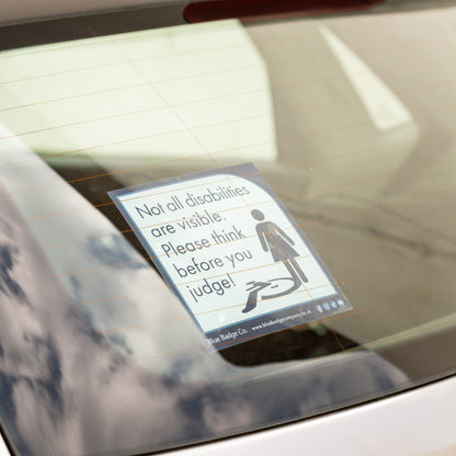 Twin-Pack Disabled Car Window Sticker Square, “Not all disabilities are visible. Please think before you judge!” Disability Parking Awareness Vinyl Decals