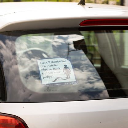 Twin-Pack Disabled Car Window Sticker Square, “Not all disabilities are visible. Please think before you judge!” Disability Parking Awareness Vinyl Decals