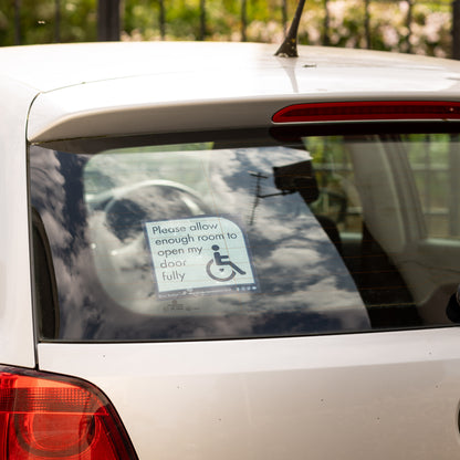 Twin-Pack Disabled Car Window Sticker Square, “Please allow enough room to open my door fully” Disability Parking Awareness Vinyl Decals