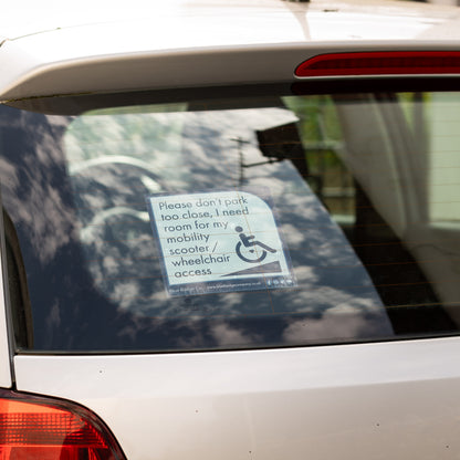 Twin-Pack Disabled Car Window Sticker Square, “Please don't park too close, I need room for my mobility scooter/ wheelchair access” Disability Parking Awareness Vinyl Decals