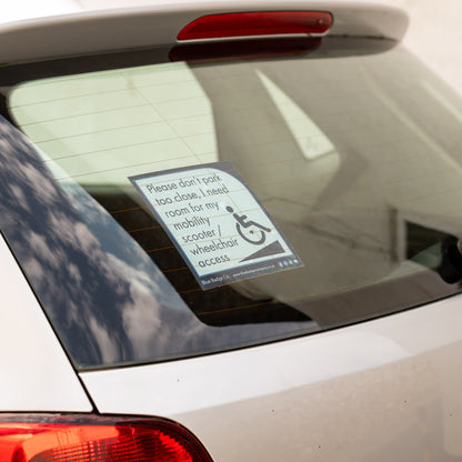 Twin-Pack Disabled Car Window Sticker Square, “Please don't park too close, I need room for my mobility scooter/ wheelchair access” Disability Parking Awareness Vinyl Decals