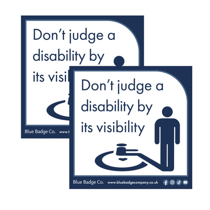 Twin-Pack Disabled Car Window Sticker Square, “Don't judge a disability by it's visibility” Disability Parking Awareness Vinyl Decals