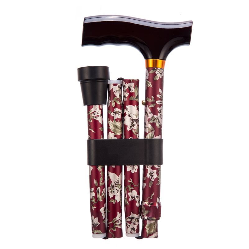 Folding Adjustable Walking Sticks - Burgundy Flower