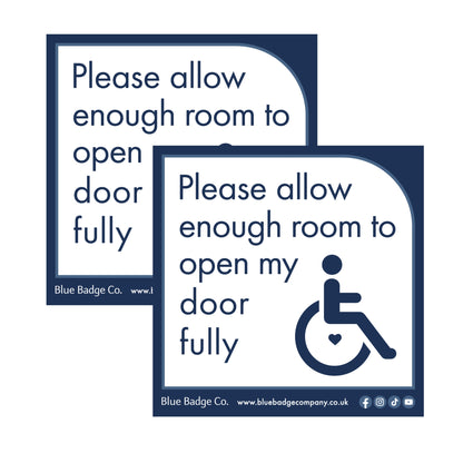 Twin-Pack Disabled Car Window Sticker Square, “Please allow enough room to open my door fully” Disability Parking Awareness Vinyl Decals