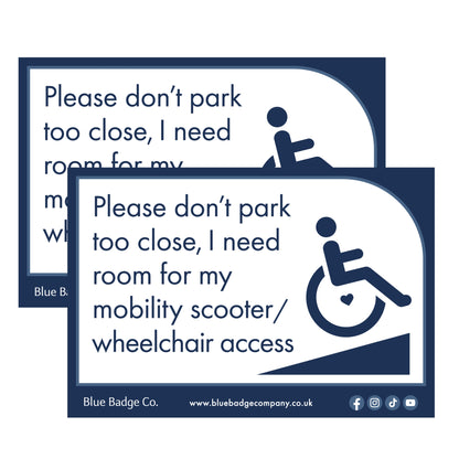 Twin-Pack Disabled Car Window Sticker Rectangle, “Please don't park too close, I need room for my mobility scooter/ wheelchair access” Disability Parking Awareness Vinyl Decals