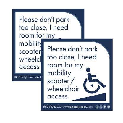 Twin-Pack Disabled Car Window Sticker Square, “Please don't park too close, I need room for my mobility scooter/ wheelchair access” Disability Parking Awareness Vinyl Decals