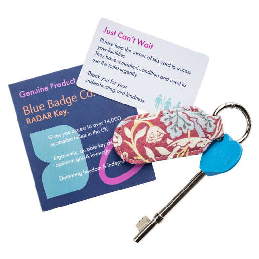 Genuine RADAR Disabled Toilet Key and Fabric Keyring in William Morris Strawberry Thief Plum