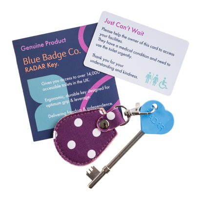 Genuine RADAR Disabled Toilet Key and Fabric Keyring in Spotty Grape - UK Made