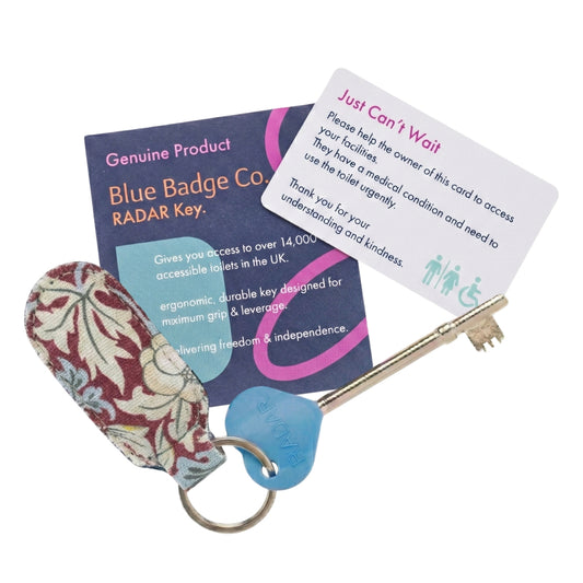 Genuine RADAR Disabled Toilet Key and Fabric Keyring in William Morris Strawberry Thief Plum