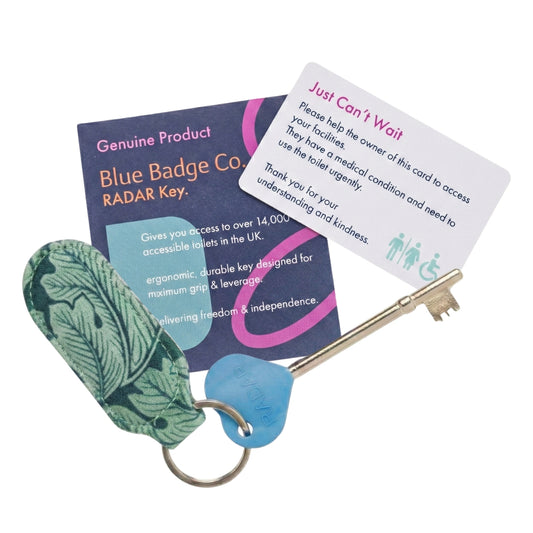 Genuine RADAR Disabled Toilet Key and Fabric Keyring in William Morris Acanthus Teal