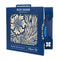 Disabled Blue Badge Wallet in William Morris Marigold Indigo fabric is packed in blue badge company recyclable packaging. The Blue Badge Co label sits outside the card box through a side gap. Packaging reads "Blue Badge Company" at the top and "Parking Display Wallet, Hologram Safe" at the bottom.