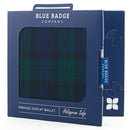 Disabled Blue Badge Wallet in Blackwatch Tartan packed in blue badge company recyclable packaging. The Blue Badge Co label sits outside the card box through a side gap. Packaging reads "Blue Badge Company" at the top and "Parking Display Wallet, Hologram Safe" at the bottom.